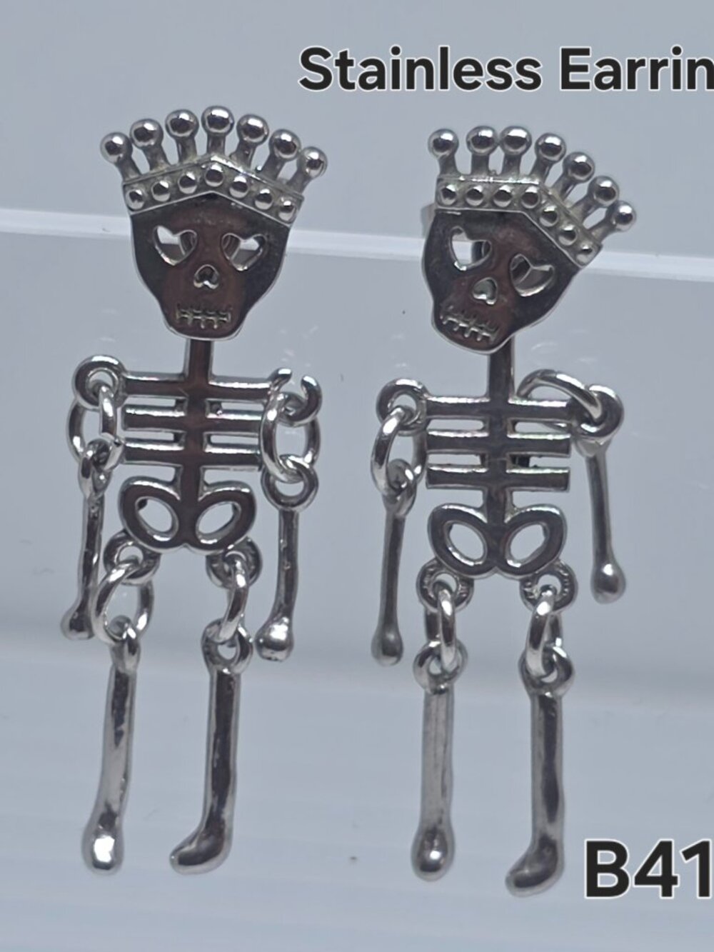 Stainless Silver Skellington Dangle Stud Earrings B4134